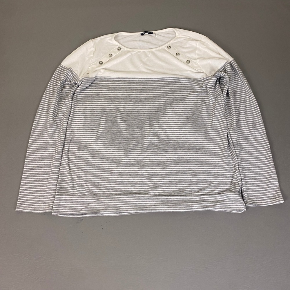 Pink Clover Top Women's Size Large Gray White Striped Button Accent Long Sleeve
